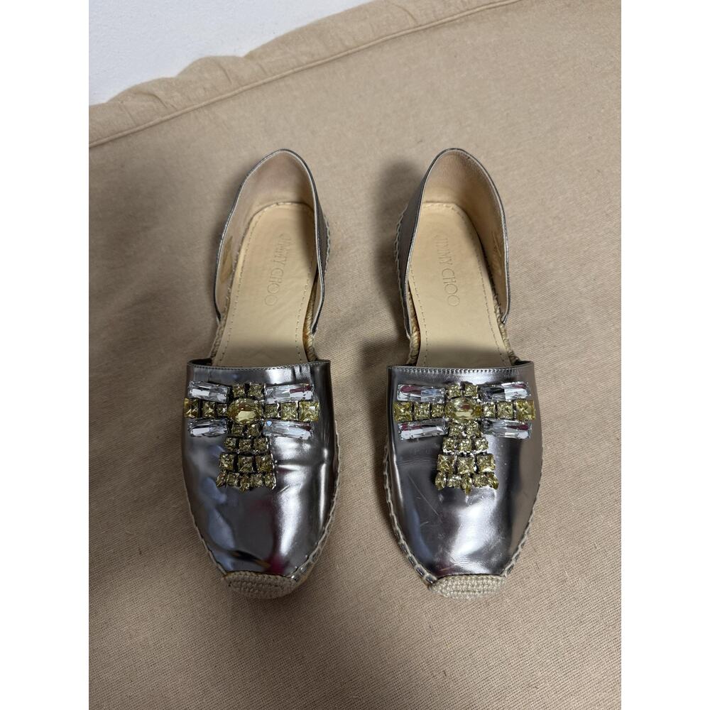 Jimmy Choo Shoes Womens Size 37 Silver Espadrille Mules Slides Jeweled Crystal